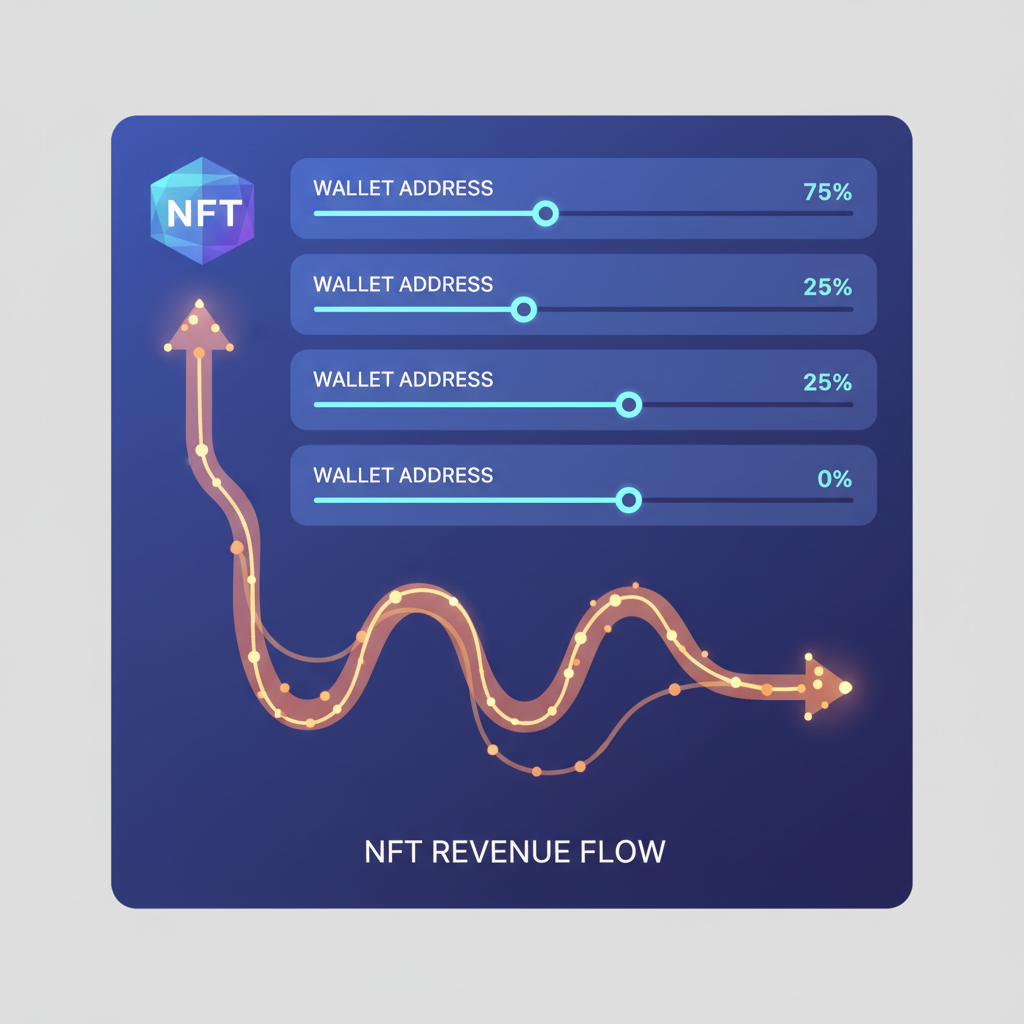 wallet addresses and percentage sliders on smart contract UI, glowing NFT revenue flow