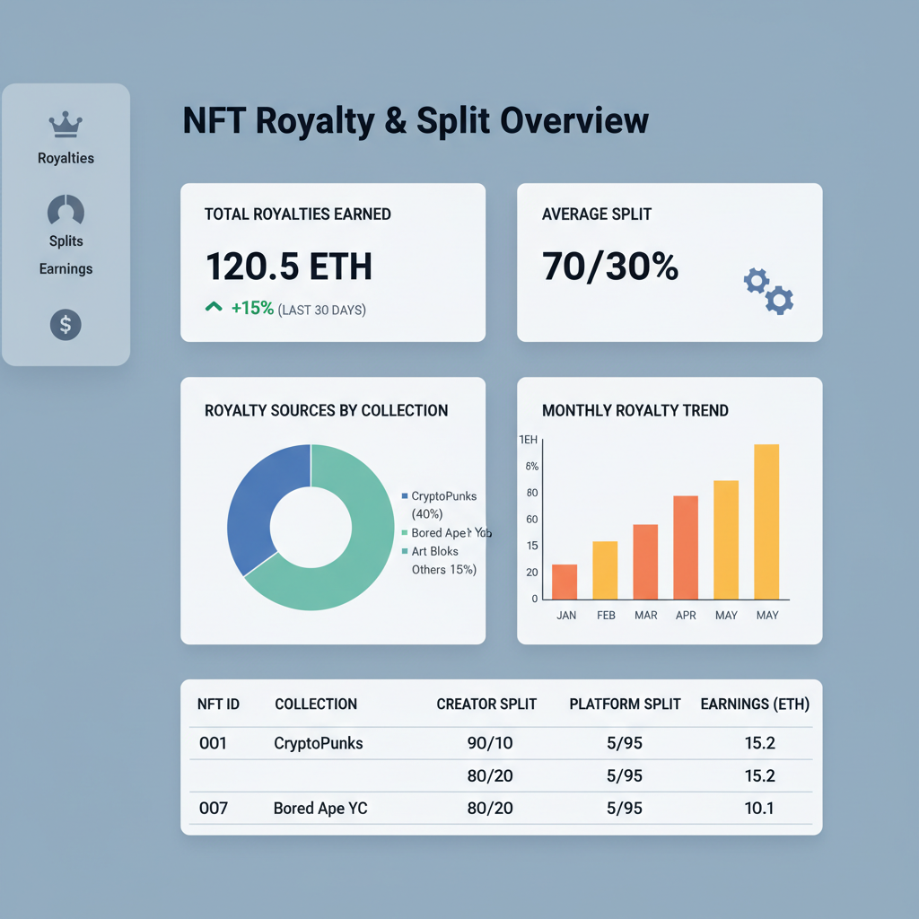 dashboard monitoring NFT royalties and splits, charts and graphs, professional UI