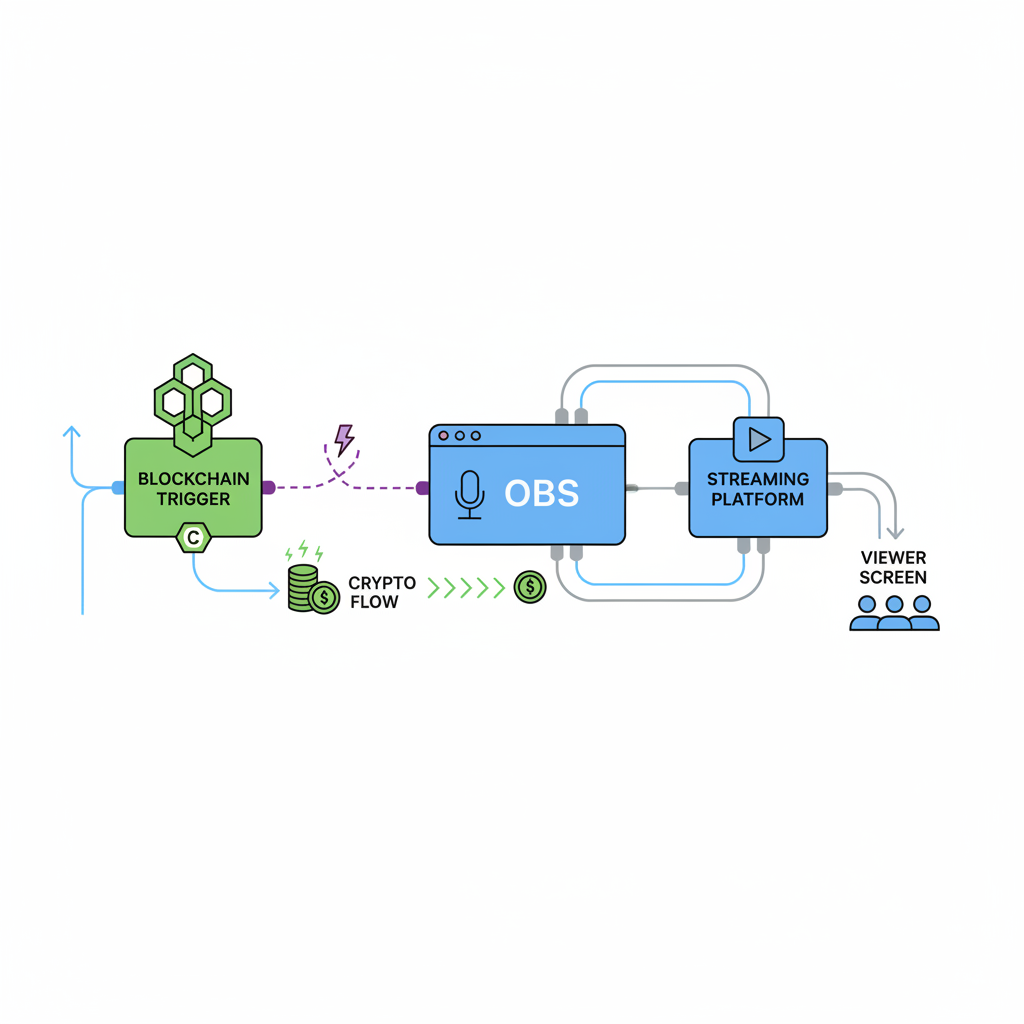 streaming setup with blockchain triggers integrating OBS, wires and crypto flows