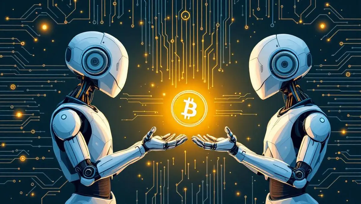 Abstract illustration of tiny crypto coins flowing from users to multiple creators via glowing blockchain network, symbolizing Web3 micropayments and automated revenue splits