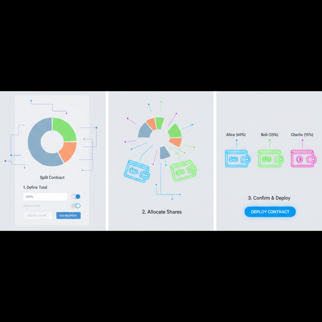 configuring wallet recipients on split contract UI, pie chart exploding into shares, neon wallets