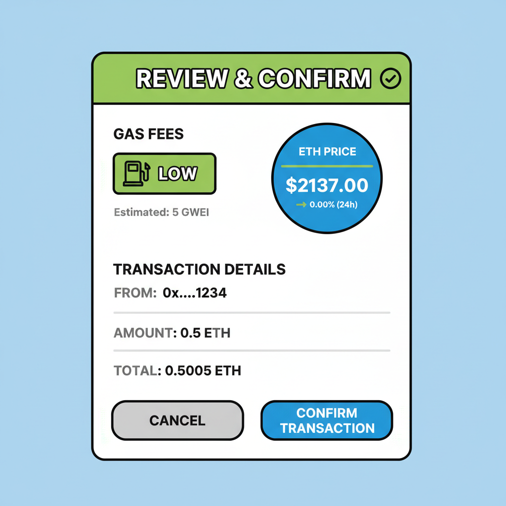review screen showing low gas fees, ETH price $2137 stable chart, confirmation UI